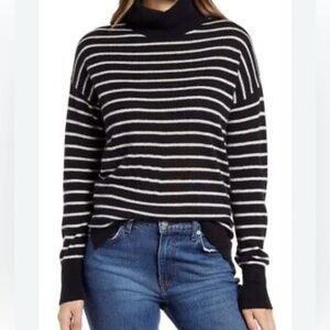 Nordstrom Women's 100% Cashmere Black and White Striped Turtleneck Sweater XL